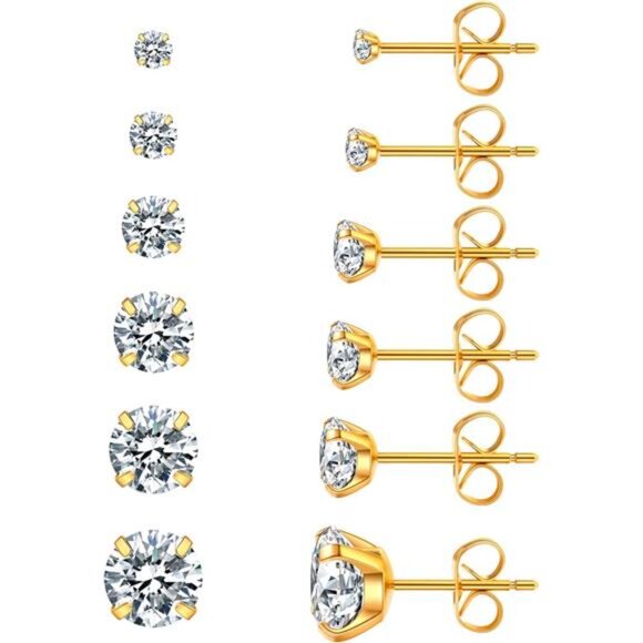 6 Pairs Stud Earrings Set, Hypoallergenic Cubic Zirconia 316L Earrings 316L - Picture 1 of 7